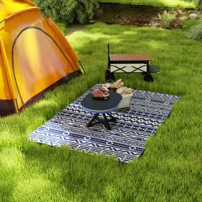 Outsunny Reversible Outdoor Rug,  Waterproof Plastic Straw Floor Mat, Portable Rv Camping Carpet, Large Floor In Blue And White Geometric Wall