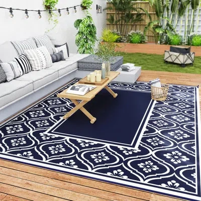 Outsunny Reversible Outdoor Rug,  Waterproof Plastic Straw Floor Mat, Portable Rv Camping Carpet, Large Floor In Blue And White Gourd Border