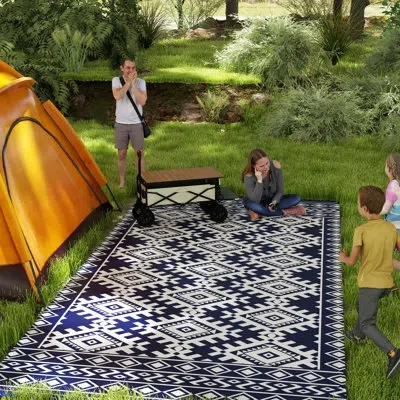 Outsunny Reversible Outdoor Rug, Waterproof Plastic Straw Floor Mat, Portable Rv Camping Carpet, Large Floor  In Blue And White Rhombus Border