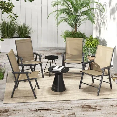 Outsunny Set Of 4 Patio Folding Chairs, Stackable Outdoor Sling Patio Dining Chairs With Armrests For Lawn, C In Brown