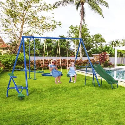 Outsunny Steel Swing Set With 2 Swing(s) , 1 Slide(s) In Multi