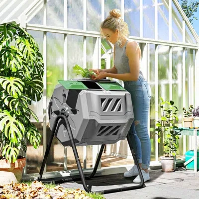 Outsunny Tumbling Compost Bin Outdoor 360° Dual Chamber Rotating Composter 43 Gallon, Light Gray In Dark Green