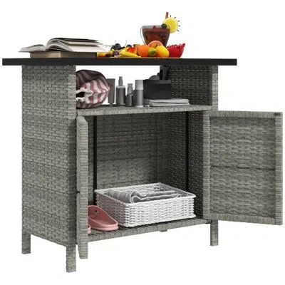 Outsunny Wicker Outdoor Storage Cabinet, Rattan Outdoor Bar Table With 2 Doors And Shelf, Outdoor Buffet Cabi In Gray