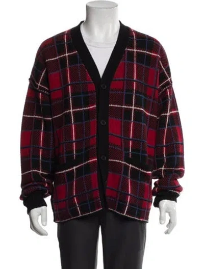 Pre-owned Ovadia & Sons Lambswool Plaid Print Cardigan In Red