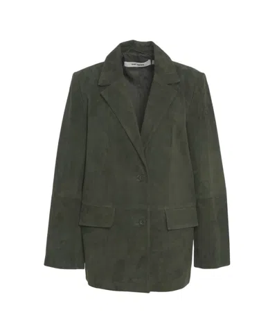 Oval Square Green Suede Leather Tailored Blazer In Multi
