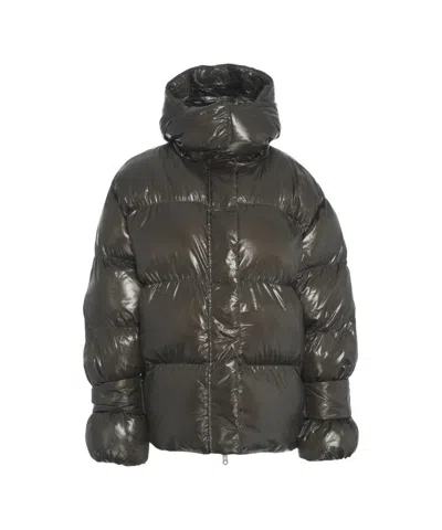 Oval Square Padded Green High-collar Coat With Boxy Silhouette In Black
