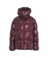 Oval Square Red Padded Down Coat With Hood In Burgundy