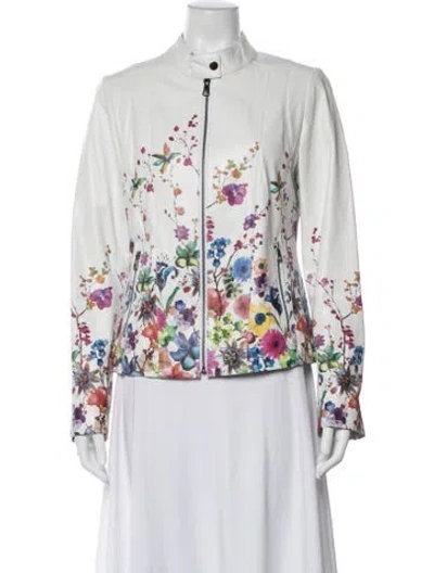 Pre-owned Overland Lamb Leather Floral Print Bomber Jacket In White