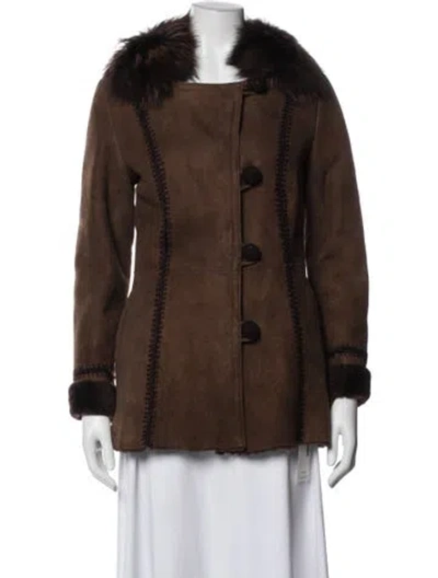 Pre-owned Overland Raccoon Trim Suede Faux Fur Jacket In Brown