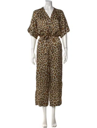 Pre-owned Overlover Animal Print V-neck Jumpsuit In Brown