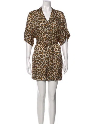 Pre-owned Overlover Animal Print V-neck Romper In Brown