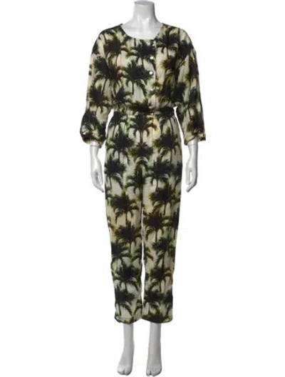 Pre-owned Overlover Linen Graphic Print Jumpsuit In Black