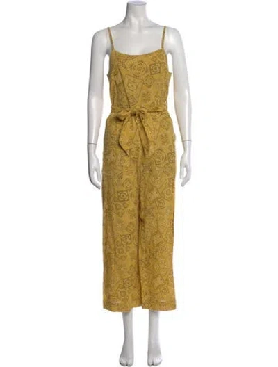 Pre-owned Overlover Printed Square Neckline Jumpsuit In Yellow