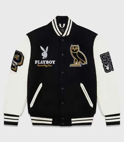 Pre-owned Ovo Collegiate Stylish Varsity Wool Jacket With Leather Sleeves Jackets In Black