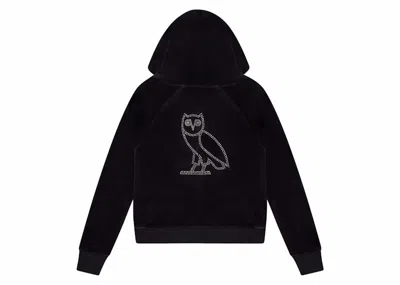 Pre-owned Ovo Women's Velour Crystal Owl Zip Up Hoodie In Black