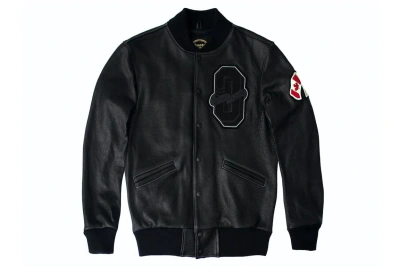 Pre-owned Ovo X Roots October Bison Leather Varsity Jacket Black