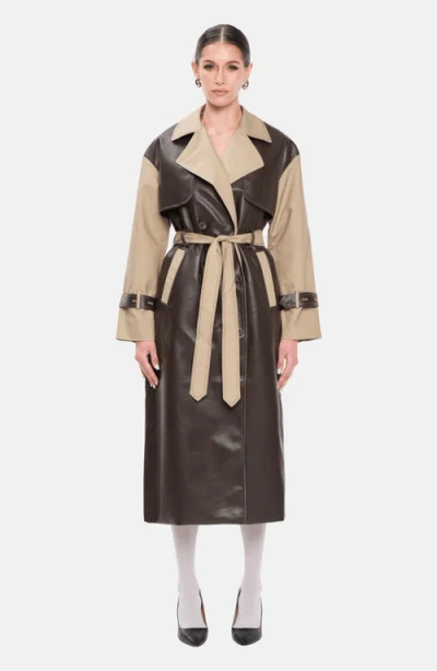 Ow Collection Betty Contrast-panel Belted Coat In Brown