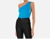 Ow Collection Ezra Asymmetrical Bodysuit Back Cut Out In Blue In Blue