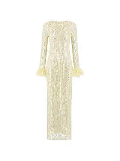 Ow Collection Maxi Alva Feather-cuff Embellished Mesh Dress In Yellow