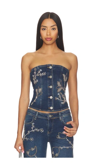 Ow Collection Nova Embellished Denim Top In Blue