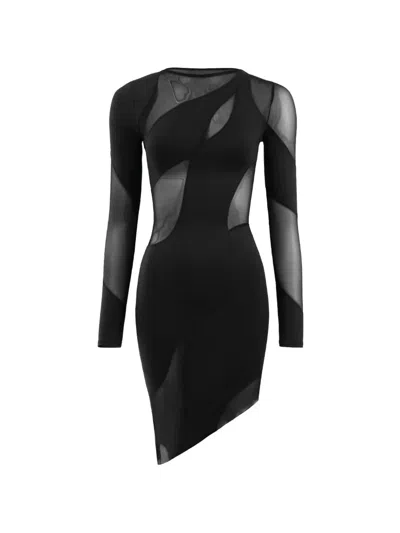 Ow Collection Spiral Long-sleeve Asymmetric Dress In Black