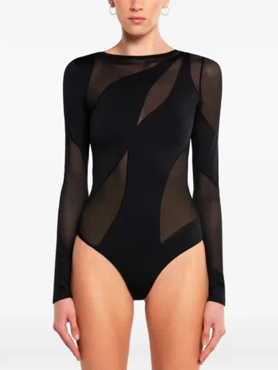Ow Collection Spiral Mesh-panel Bodysuit In 블랙