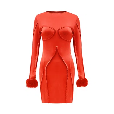 OW COLLECTION WOMEN'S CIARA FUR MINI DRESS - RED