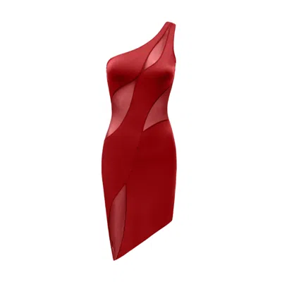 Ow Collection Women's Curve Asymmetric Mesh Mini Dress - Cherry Red