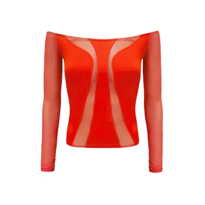 OW COLLECTION WOMEN'S RED SWIRL OFF SHOULDER BLOUSE WITH MESH DETAILS
