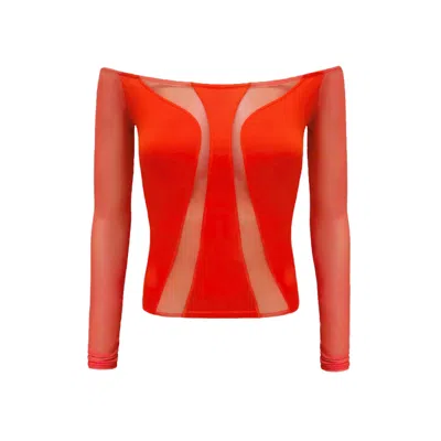 OW COLLECTION WOMEN'S RED SWIRL OFF SHOULDER MESH BLOUSE - ORANGE