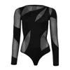 OW COLLECTION WOMEN'S SPIRAL BLACK BODYSUIT WITH LONG SLEEVES