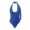 OW COLLECTION WOMEN'S TIE NECK BODYSUIT IN BLUE