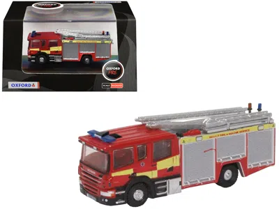 Oxford Diecast Scania Pump Ladder Fire Engine "surrey Fire And Rescue" Red With Yellow Stripes 1/148 (n) Scale Diec