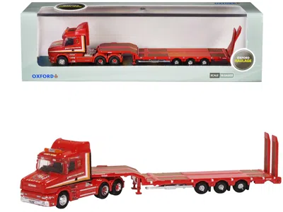 Oxford Diecast Scania T-cab Truck Rhd (right Hand Drive) With Lowboy Trailer "sandy Kydd" Red With Stripes