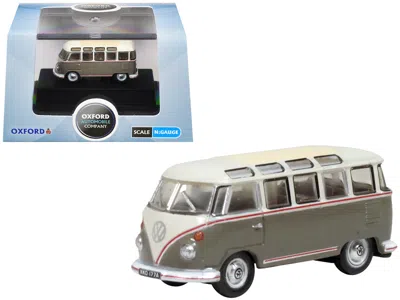 Oxford Diecast Volkswagen T1 Samba Bus Mouse Grey And Pearl White With Red Stripes 1/148 (n) Scale Diecast Model Ca