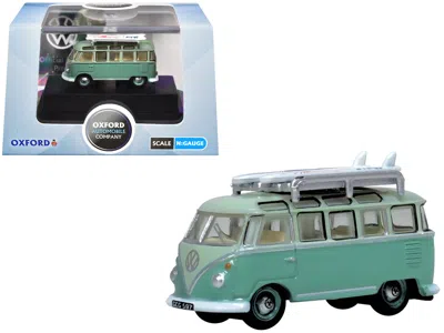 Oxford Diecast Volkswagen T1 Samba Bus Rhd (right Hand Drive) Green Two-tone With Surfboards On Roof Rack 1/148 (n)