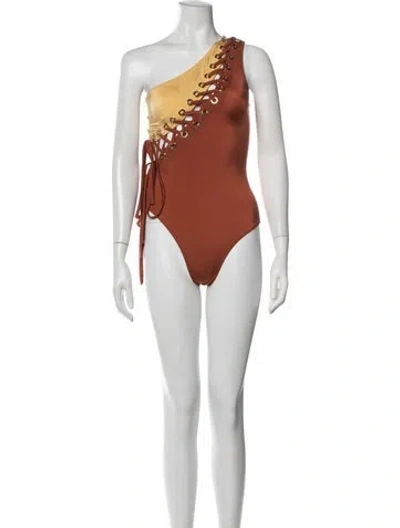 Pre-owned Oye Swimwear Colorblock Pattern One-piece W/ Tags In Neutrals/orange