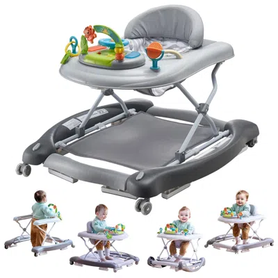 Oyka 4-in-1 Baby Walker, Foldable Baby Activity Center On Wheels, 3 Adjustable Height, Music & Toys Tray, In Gray