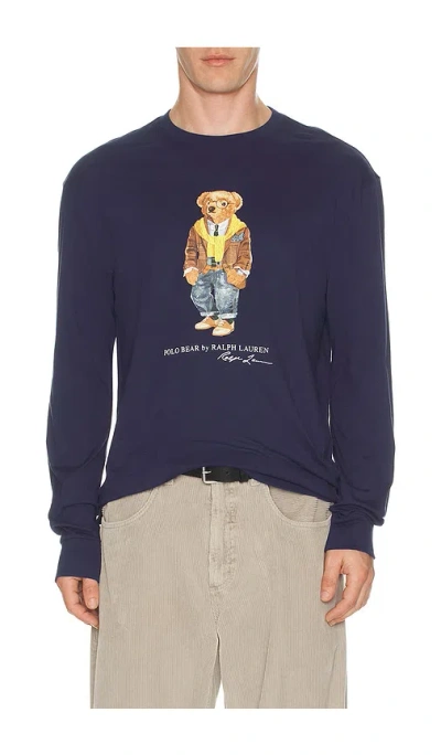 Oyster Polo Ralph Lauren Long Sleeve Graphic Novelty Bear T-shirt In Blue
