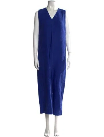 Pre-owned Oyuna Linen V-neck Jumpsuit In Blue