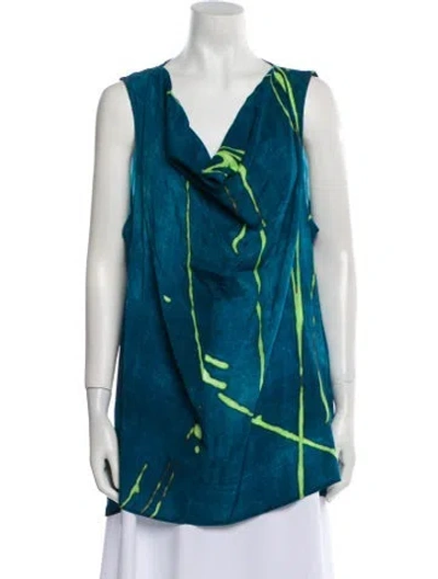 Pre-owned Ozai N Ku Printed Cowl Neck Tunic In Blue