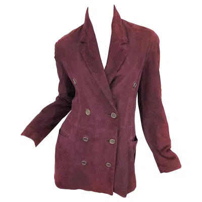 Pre-owned Ozbek 1990s Suede Leather Size 8 Burgundy Maroon Double Breasted Blazer Jacket In Red