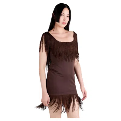 Pre-owned Ozbek Vintage 1992 S/s  Brown Fringed Dress
