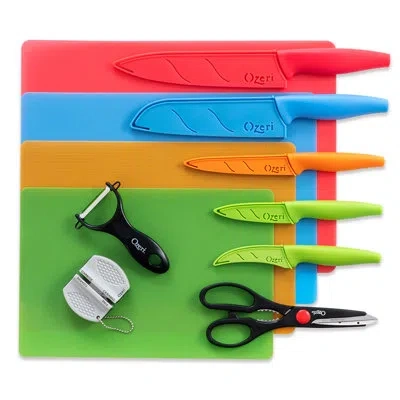 Ozeri Elite Chef 15-piece Stainless Steel Cutlery, Knife & Cutting Mat Set In Blue;green;pink;orange