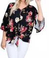 P & Rose Floral Print Button Down Tied Front Blouse In Black In Black