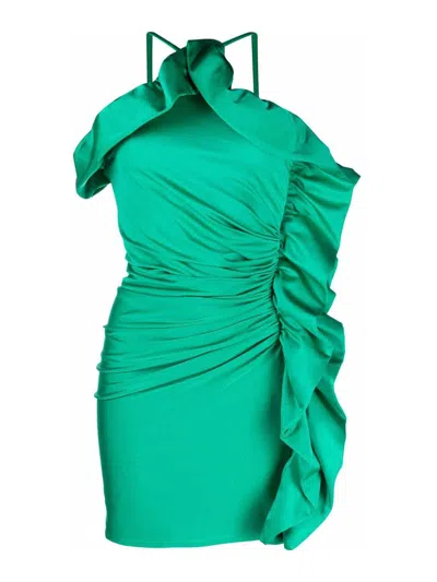 P.a.r.o.s.h Ruffled Ruched Satin-finish Mini Dress In Green