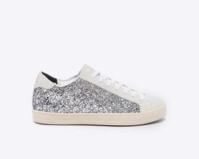 P448 Womewomens Lace Up Glitter Low Top Sneakers White Leather In Silver