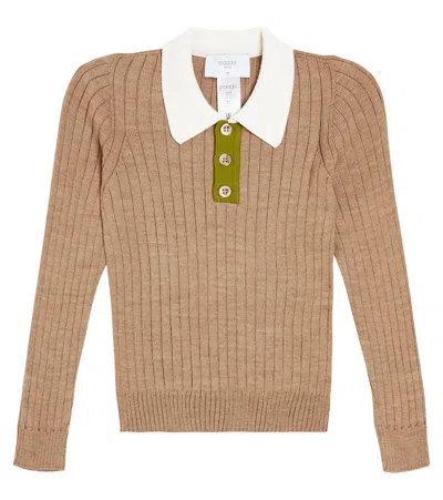 Paade Mode Kids' Ribbed-knit Wool-blend Polo Top In Brown