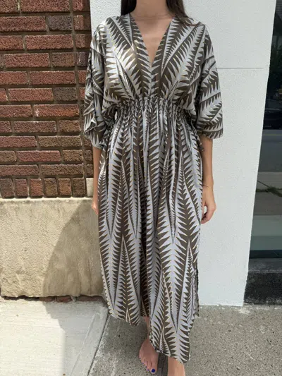 Paani Printed Smocked Kaftan Dress In Light Blue/brown In Multi