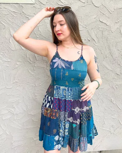 Paani Spaghetti Strap Patchwork Short Dress In Blue Mix In Multi